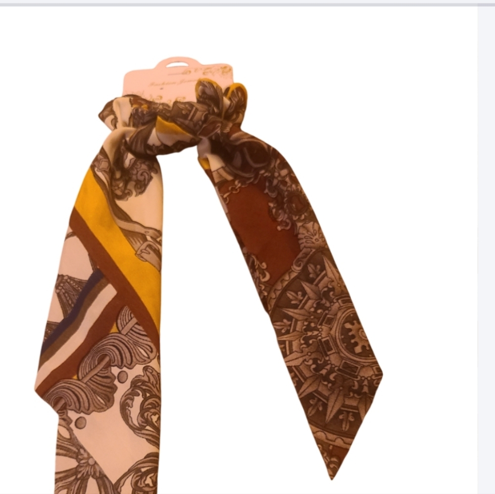 Fashion Jewelry Logo Hair Scrunchie With Brown and Yellow Patterned Scarf